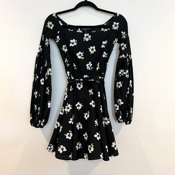 Caroline Constas Black Floral Belted Off-the-Shoulder Long Sleeve Mini Dress XS - Picture 10 of 10